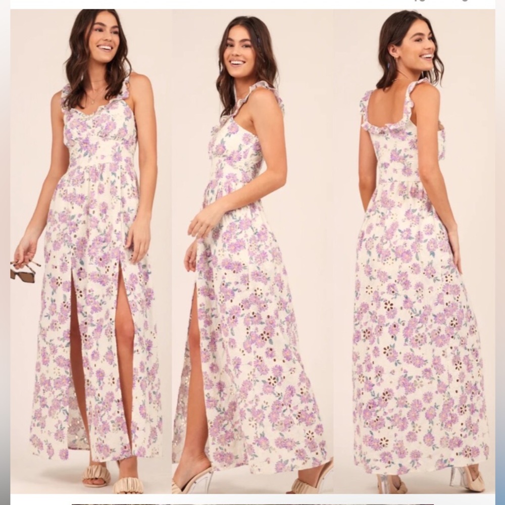 Rays for Days x Revolve Floral Celeste Periwinkle eyelet long dress Sz.XS